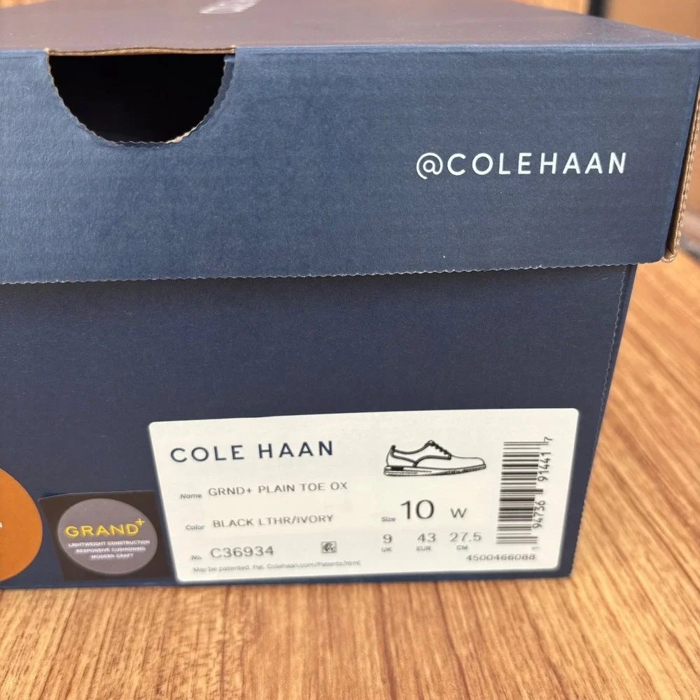 Cole Haan Grand+ Plain Toe Oxford Mens 10 Wide Black Leather Ivory Hybrid NEW